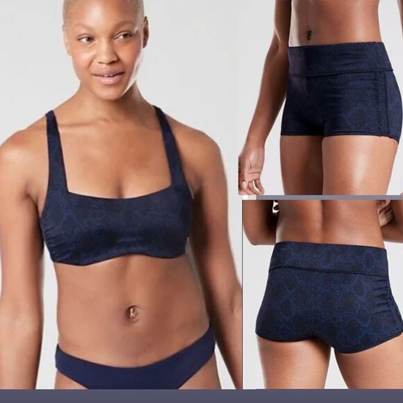 Athleta Snake Print Dress Blue 2 Piece Set Bra And Scrunch Shorts - Picture 1 of 11